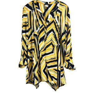 Cocomo's Women's Top Size Large Yellow Blue Asymmetrical Hemline Stretch Slinky